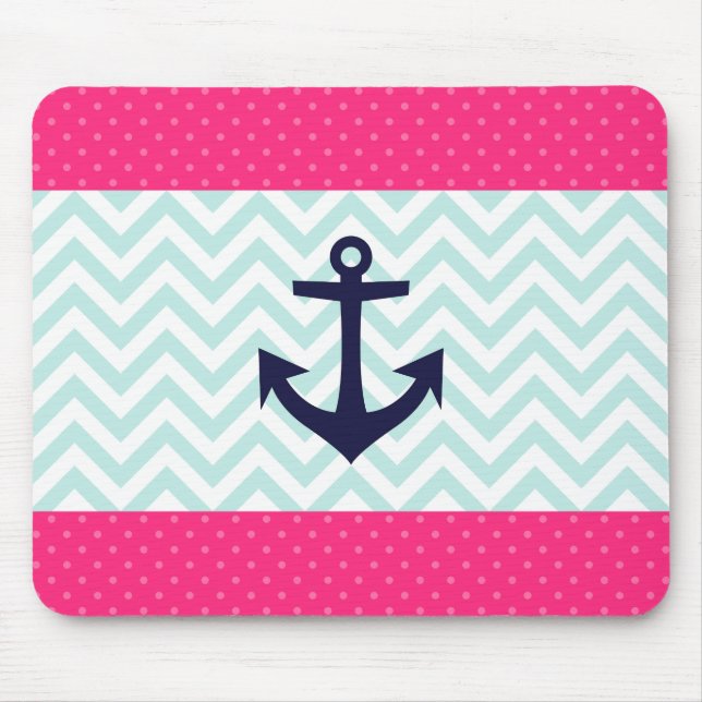 Nautical Pink White Mint Chevron Anchor Pattern Mouse Pad (Front)