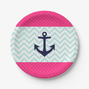 Nautical Pink White Mint Chevron Anchor Pattern Paper Plates