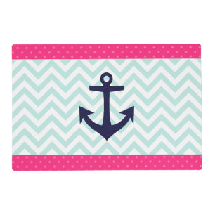 Nautical Pink White Mint Chevron Anchor Pattern Placemat