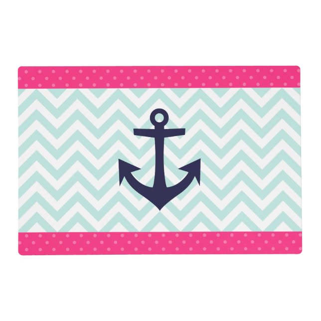 Nautical Pink White Mint Chevron Anchor Pattern Placemat (Front)