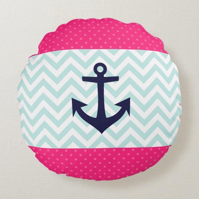 Nautical Pink White Mint Chevron Anchor Pattern Round Pillow (Front)