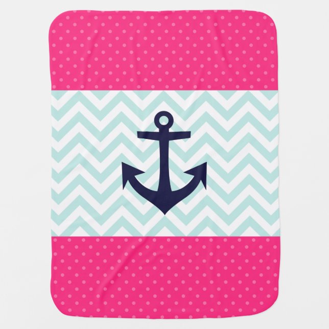 Nautical Pink White Mint Chevron Anchor Pattern Swaddle Blanket (Front)