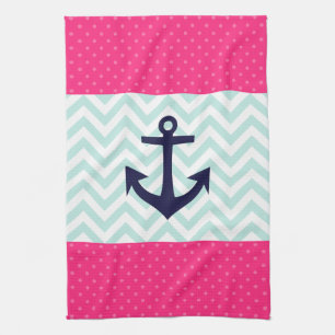 Nautical Pink White Mint Chevron Anchor Pattern Towel