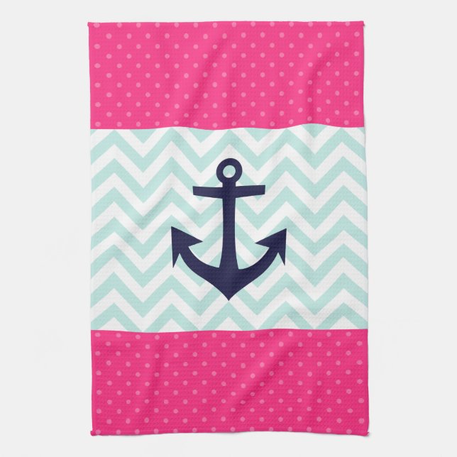Nautical Pink White Mint Chevron Anchor Pattern Towel (Vertical)