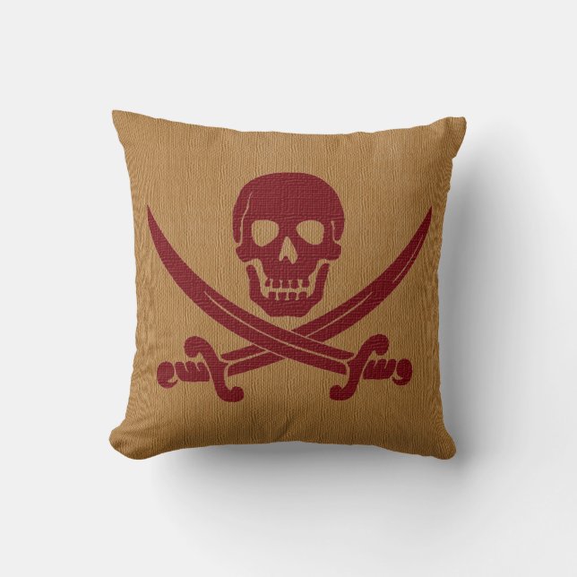 Nautical Pirate Skeleton in Dark Red Throw Pillow (Front)