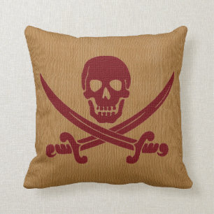 Nautical Pirate Skeleton in Dark Red Throw Pillow