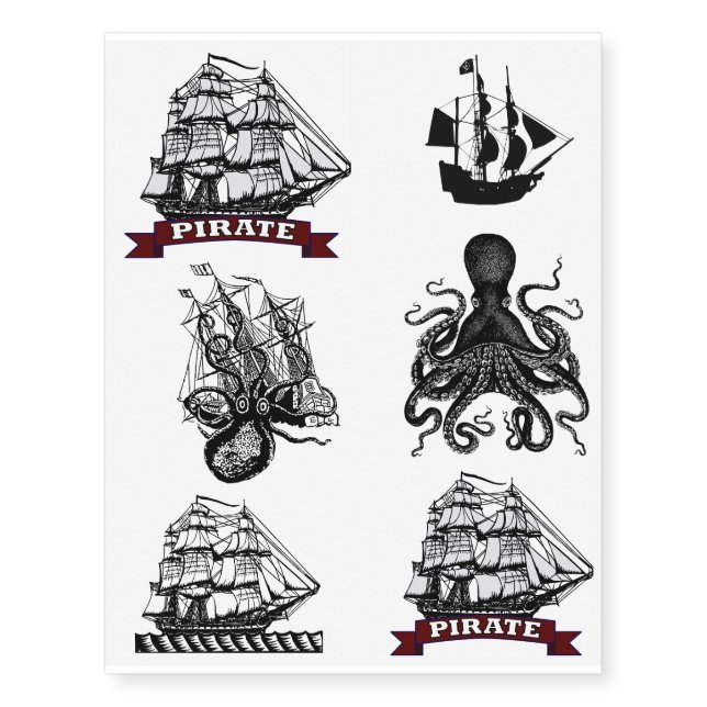 Nautical Pirate Tats! Octopus Kraken Sailor Ship Temporary Tattoos (Front)
