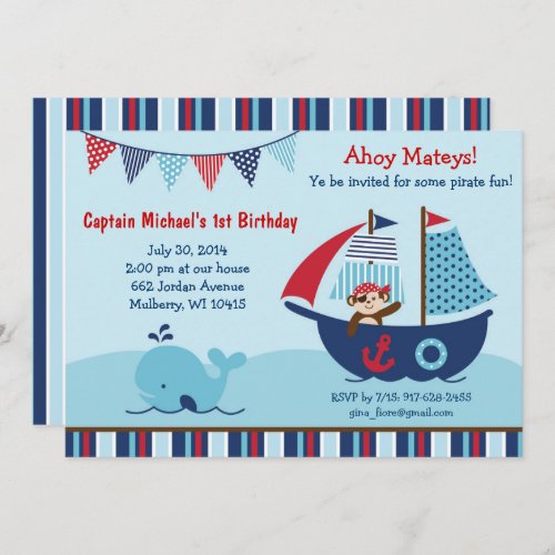 Nautical Pirate Whale 1st Birthday Invitation