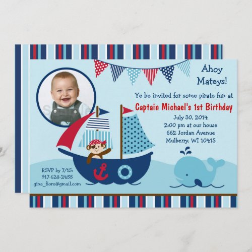 Nautical Pirate Whale 1st Birthday Invitation