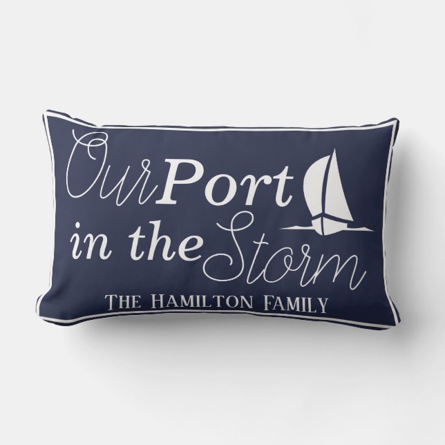 Nautical Port in the Storm Sailboat & Navy Lumbar Pillow (Front)