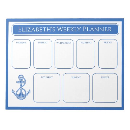 Nautical Preppy Anchor Weekly Planner Personalized Notepad