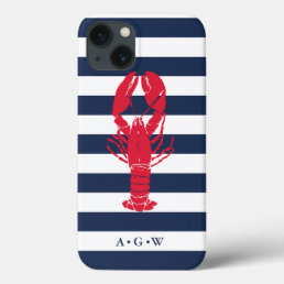 Nautical Preppy Navy Stripe &amp; Lobster | Monogram iPhone 13 Case