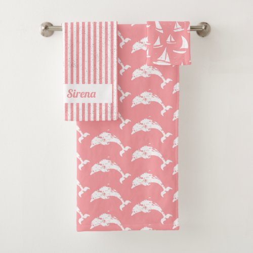 Nautical Pretty Pink Patterned Dolphin and Sailing Bath Towel Set