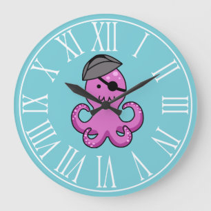 Nautical Purple Pirate Octopus Large Clock
