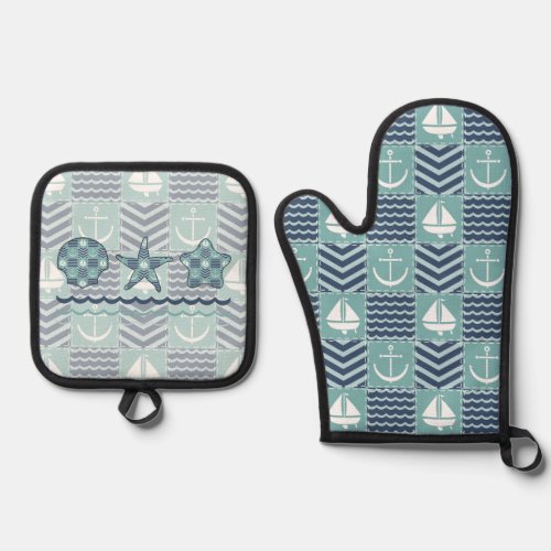 Nautical Quilt Oven Mitt  Pot Holder Set