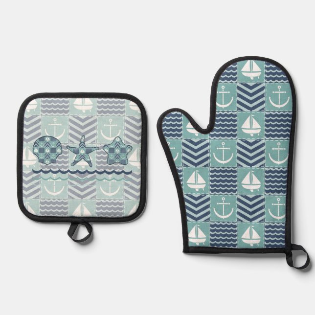 Nautical Quilt Oven Mitt & Pot Holder Set (Front)