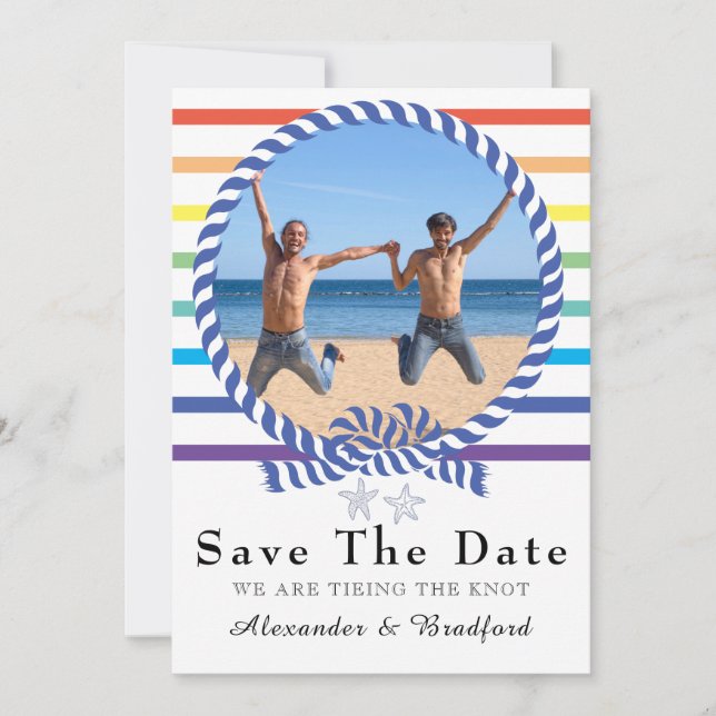Nautical Rainbow Stripe Gay Wedding Save the Date Announcement (Front)