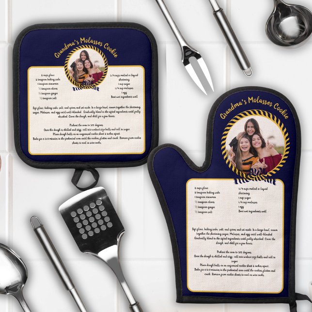 Nautical Recipe Keepsake Template Add Photo Navy Oven Mitt & Pot Holder Set (Creator Uploaded)