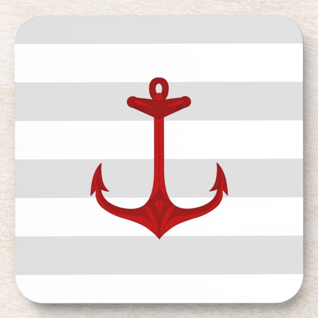 Nautical Red Anchor Gray White Stripes Drink Coaster (Front)