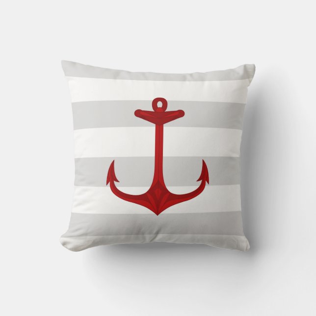Nautical Red Anchor Gray White Stripes Throw Pillow (Front)
