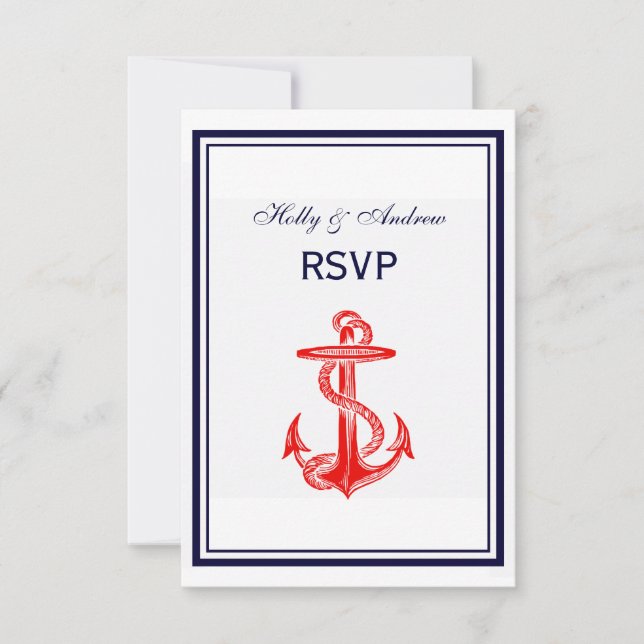 Nautical Red Anchor Navy Blue Framed 2V RSVP (Front)