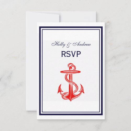 Nautical Red Anchor Navy Blue Framed 2V RSVP