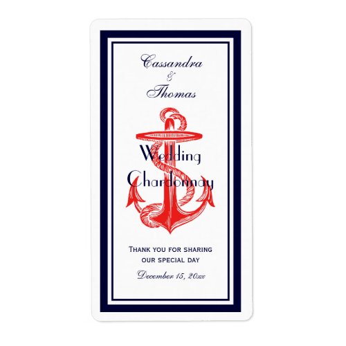 Nautical Red Anchor Navy Blue Framed V Wine Bottle Label