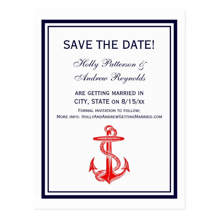 Nautical Red Anchor Navy Framed 2V Save the Date Post Cards