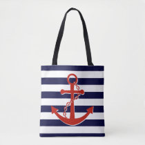 Nautical Red Anchor Navy Stripes Beach Tote Bag