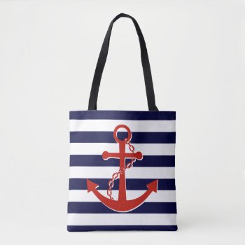 Nautical Red Anchor Navy Stripes Beach Tote Bag by MaeHemm at Zazzle