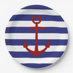 Nautical Red Anchor on Blue and White Stripes Paper Plates