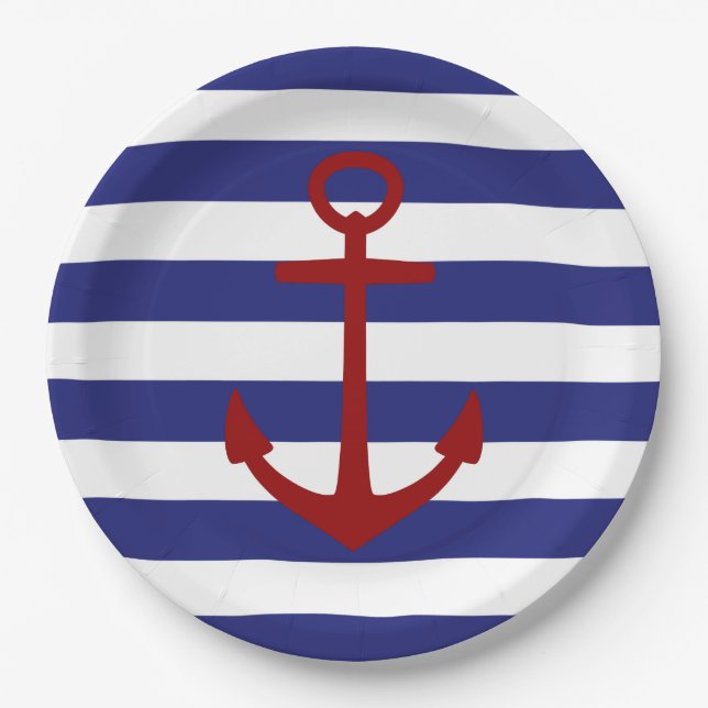 Nautical Red Anchor on Blue and White Stripes Paper Plates (Front)