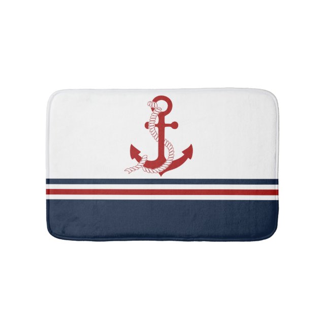 Nautical Red Anchor Red White Blau Stripes Bath Mat (Front)