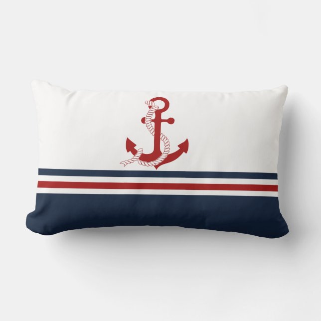 Nautical Red Anchor Red White Blau Stripes Lumbar Pillow (Front)