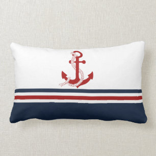 Nautical Red Anchor Red White Blau Stripes Lumbar Pillow
