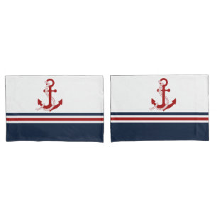 Nautical Red Anchor Red White Blau Stripes Pillow Case