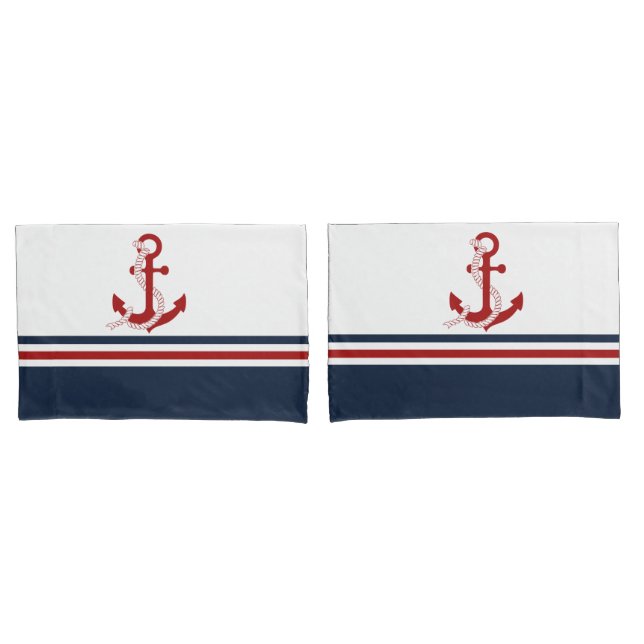Nautical Red Anchor Red White Blau Stripes Pillow Case (Front-Set)