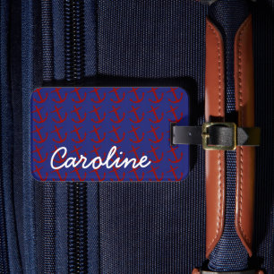 Nautical Red Anchors on Blue Personalized Luggage Tag