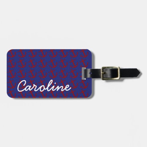 Nautical Red Anchors on Blue Personalized Luggage Tag