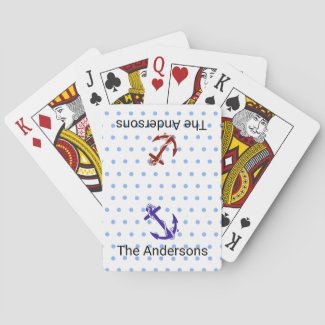 Nautical Red and Blue Anchors, Custom Family Name Playing Cards