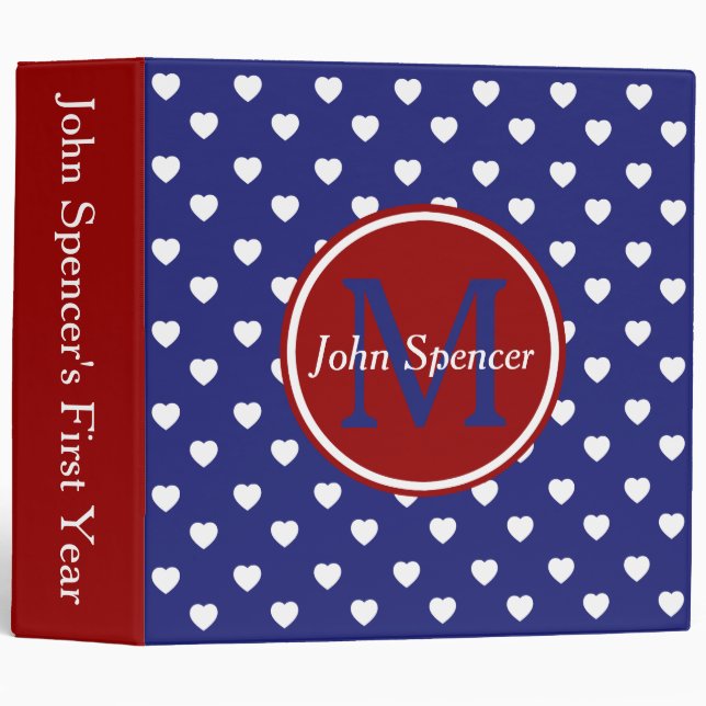 Nautical Red and Blue Hearts Monogram Scrapbook Binder (Front/Spine)