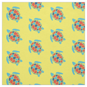 Nautical Red and Blue Sea Turtle Pattern on Yellow Fabric