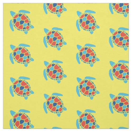 Nautical Red and Blue Sea Turtle Pattern on Yellow Fabric