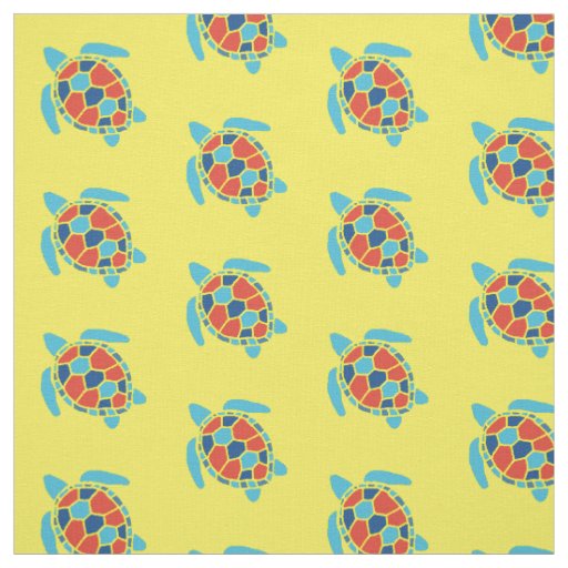 Nautical Red and Blue Sea Turtle Pattern on Yellow Fabric