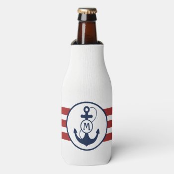 Nautical Red And Navy Blue Anchor Monogram Bottle Cooler by snowfinch at Zazzle