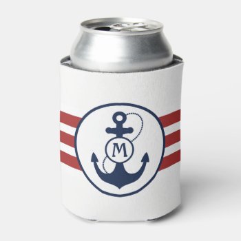 Nautical Red And Navy Blue Anchor Monogram Can Cooler by snowfinch at Zazzle