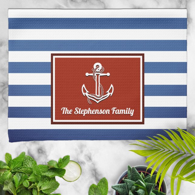 Nautical Red and Navy Striped Personalized Kitchen Towel (Creator Uploaded)