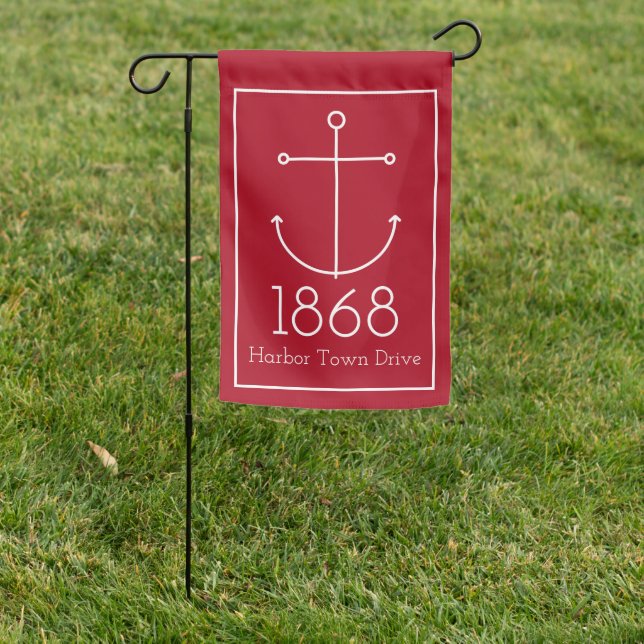 Nautical Red and White Anchor Address Garden Flag (In SItu)
