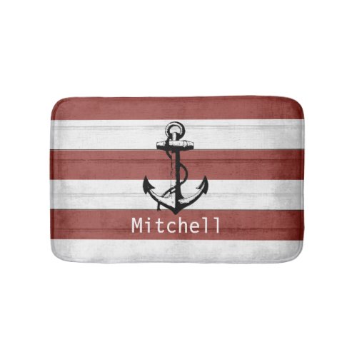 Nautical Red and White Weathered Wood Anchor Bathroom Mat