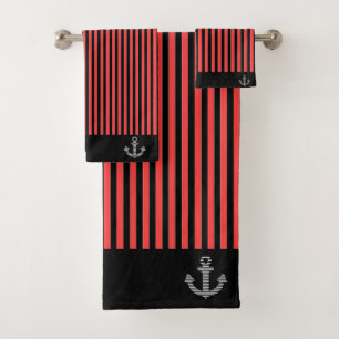 Nautical Red Black Stripe Anchor Banded Bath Towel Set